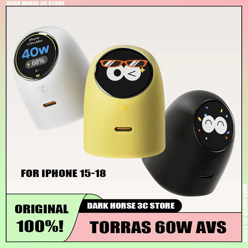 Nuevo cargador rápido Torras de 60W con cable USB-C, certificación AVS y pantalla digital, compatible con iPhone 18 Pro Max, iPhone 17, iPhone 16 y iPhone 15.
