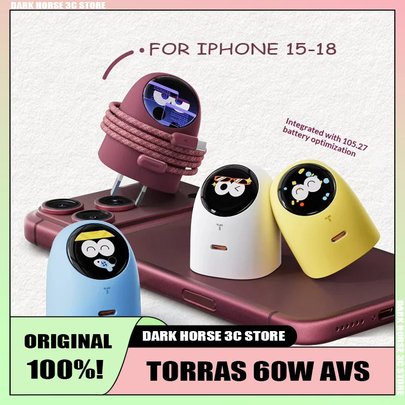 New Torras 60W Fast Charger with USB-C Cable, AVS Certification, and Digital Display, Compatible with iPhone 18 Pro Max, iPhone 17, iPhone 16, and iPhone 15.